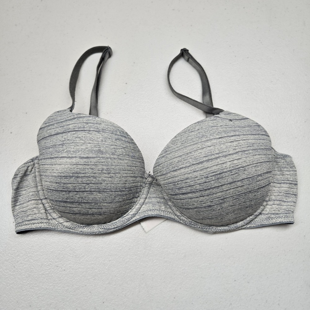 PINK Women‎ Bra 34C Gray Striped T Shirt Underwired Lightly Lined